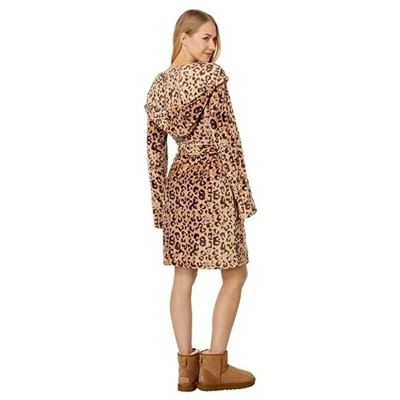 UGG Miranda Double Face Fleece Hooded Robe Women's M Live Oak Leopard Pockets - Picture 1 of 15